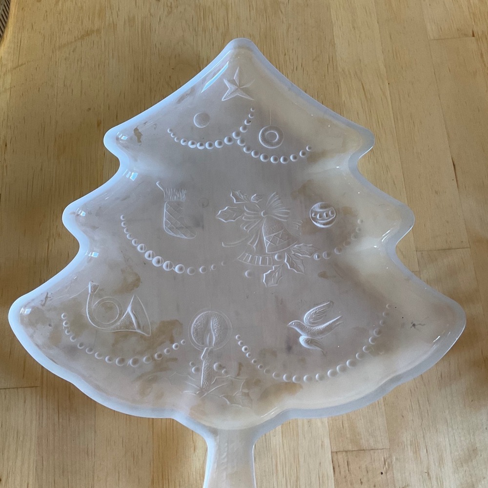 Vintage Frosted Glass Christmas Tree Serving Platter Embossed Holiday Dish 12in